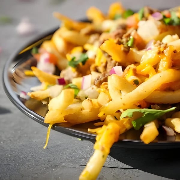 Close-up of golden french fries topped with melted cheese, ground beef, diced onions, and cilantro.