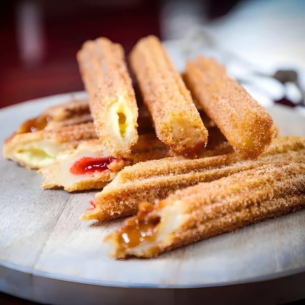 A plate of golden-brown churros, some filled with cream, strawberry, and caramel, on a wooden board.